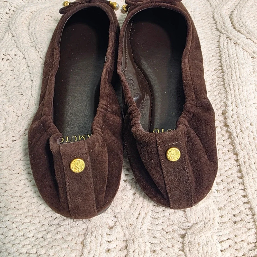 Vince Camuto Ballet Flats Brown‎ Suede Pearl Bow Square Toe Womens 6.5 Excellent